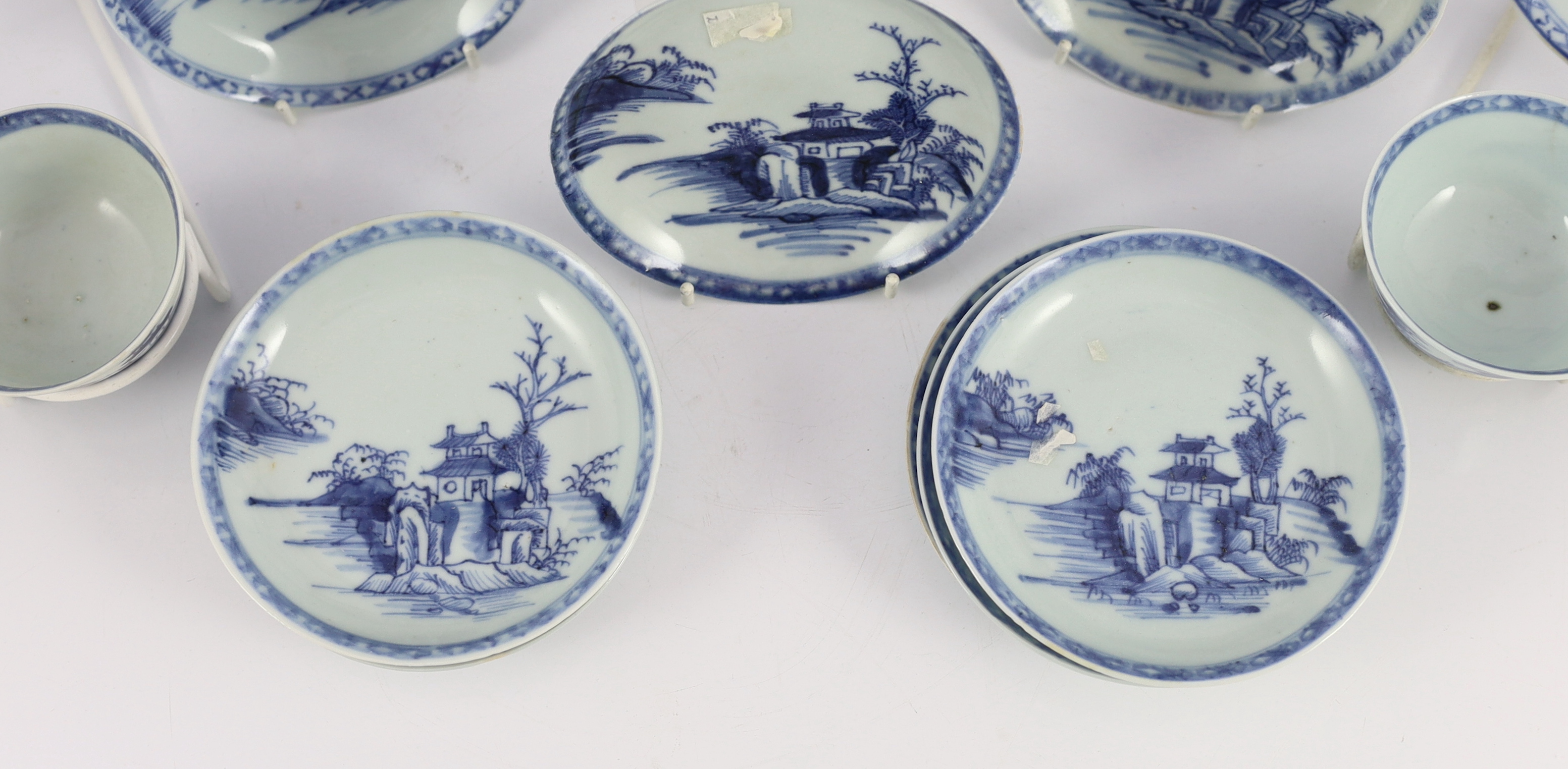 Twelve Chinese blue and white ‘Pagoda Riverscape’ tea bowls and saucers, Nanking Cargo, c.1750